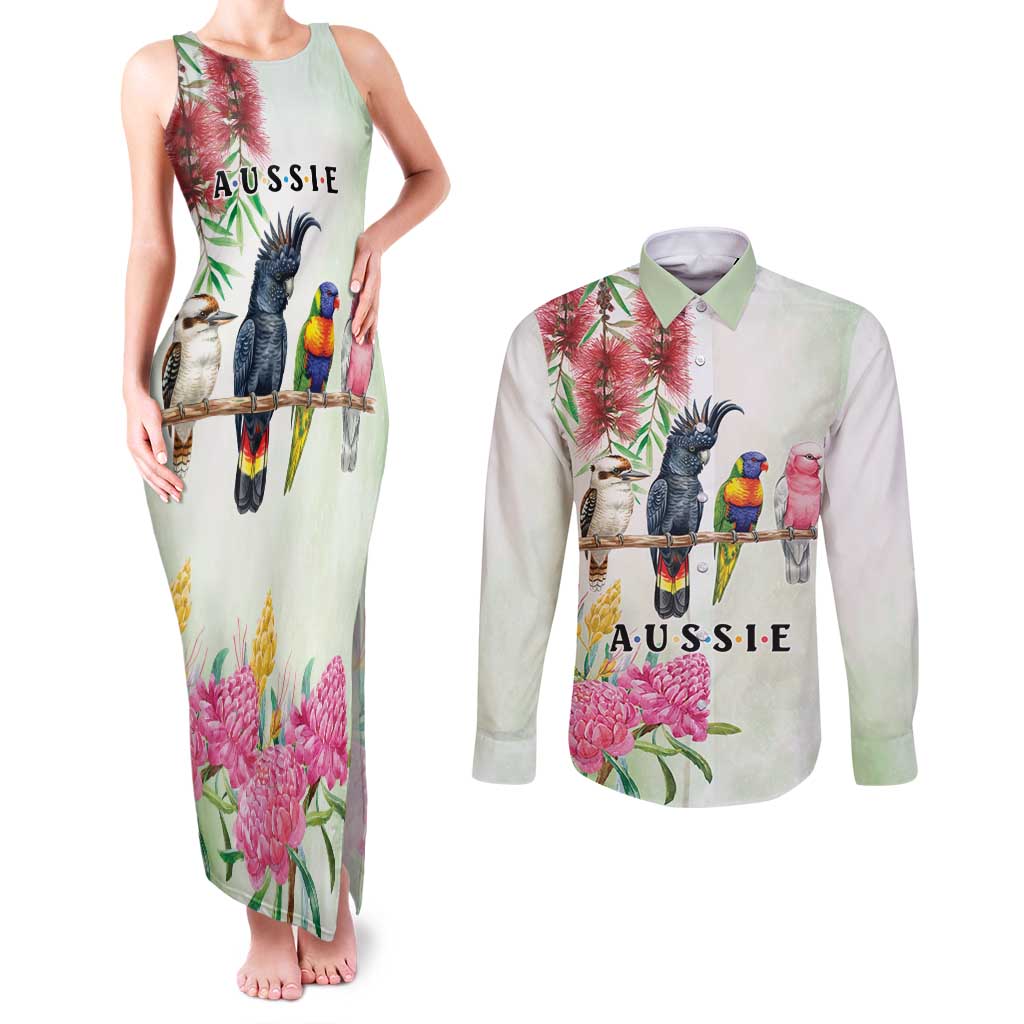 Australian Native Bird Couples Matching Tank Maxi Dress and Long Sleeve Button Shirt Kookaburra Cockatoo Rainbow Lorikeet Galah Flowers - Aussie Hoodie