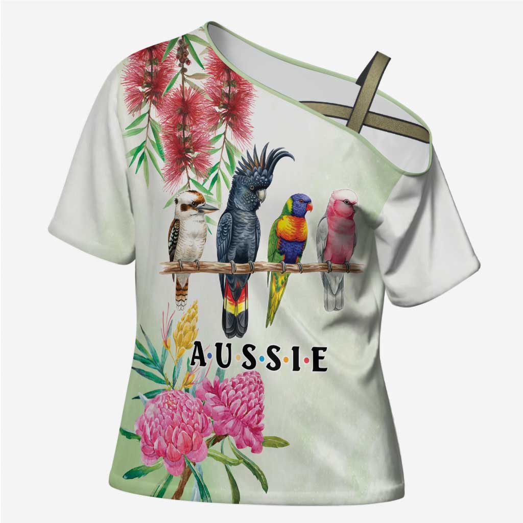 Australian Native Bird Cross Shoulder Shirt Kookaburra Cockatoo Rainbow Lorikeet Galah Flowers - Aussie Hoodie