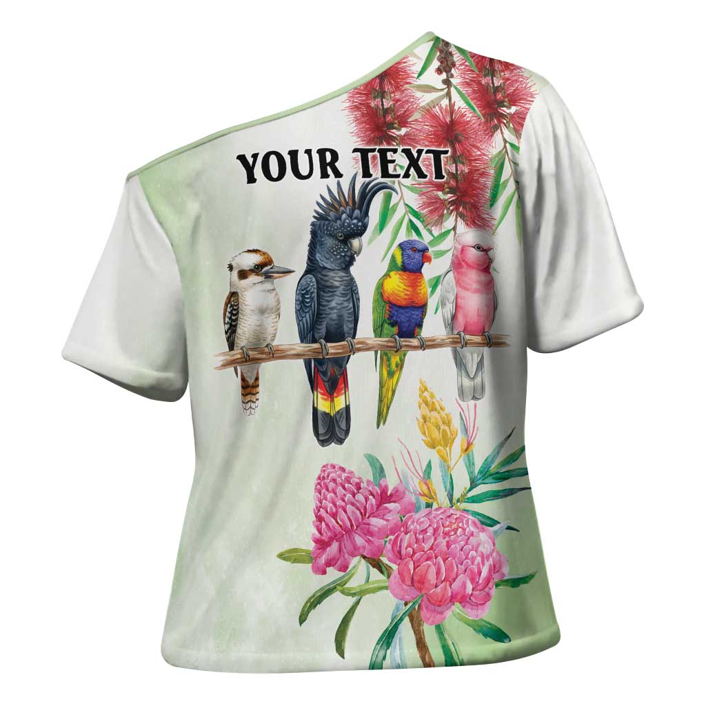 Australian Native Bird Cross Shoulder Shirt Kookaburra Cockatoo Rainbow Lorikeet Galah Flowers - Aussie Hoodie