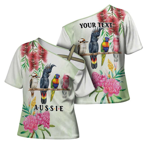 Australian Native Bird Cross Shoulder Shirt Kookaburra Cockatoo Rainbow Lorikeet Galah Flowers - Aussie Hoodie