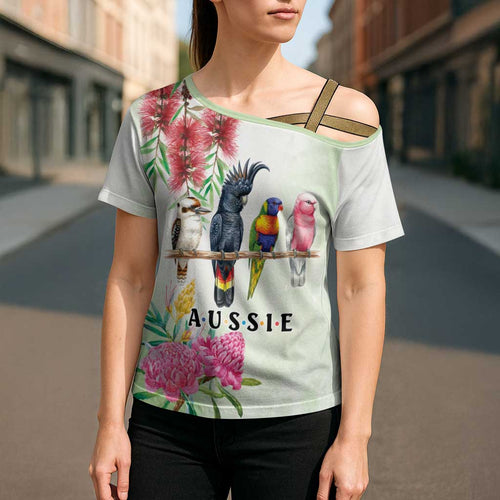 Australian Native Bird Cross Shoulder Shirt Kookaburra Cockatoo Rainbow Lorikeet Galah Flowers - Aussie Hoodie