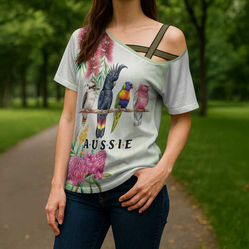 Australian Native Bird Cross Shoulder Shirt Kookaburra Cockatoo Rainbow Lorikeet Galah Flowers - Aussie Hoodie