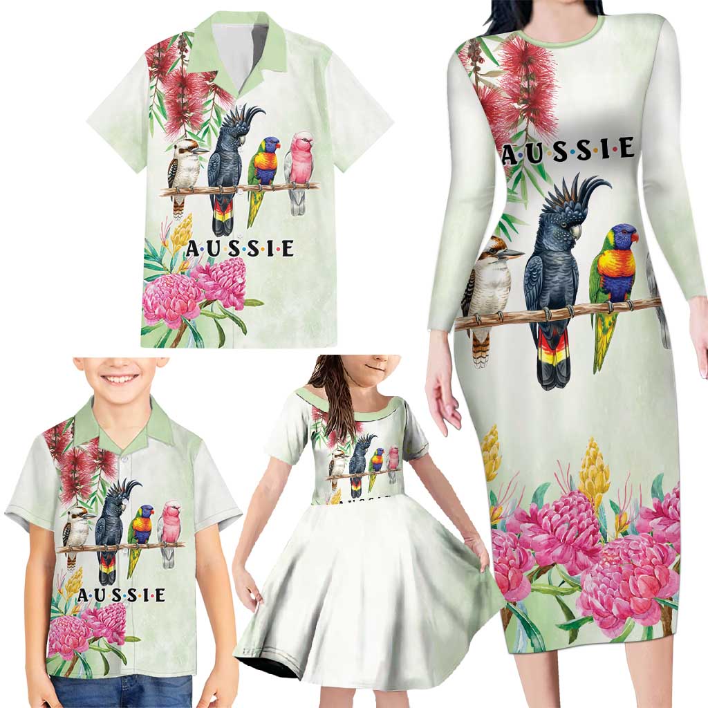 Australian Native Bird Family Matching Long Sleeve Bodycon Dress and Hawaiian Shirt Kookaburra Cockatoo Rainbow Lorikeet Galah Flowers - Aussie Hoodie