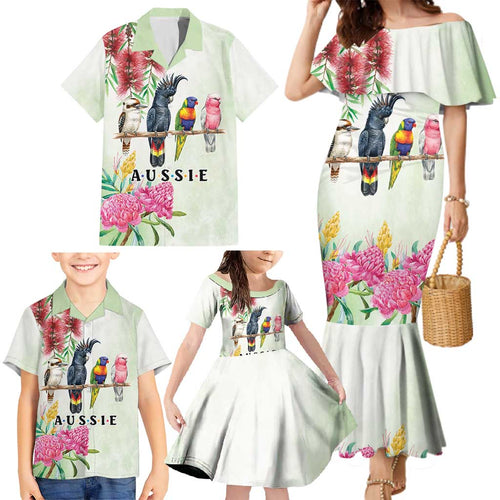 Australian Native Bird Family Matching Mermaid Dress and Hawaiian Shirt Kookaburra Cockatoo Rainbow Lorikeet Galah Flowers - Aussie Hoodie