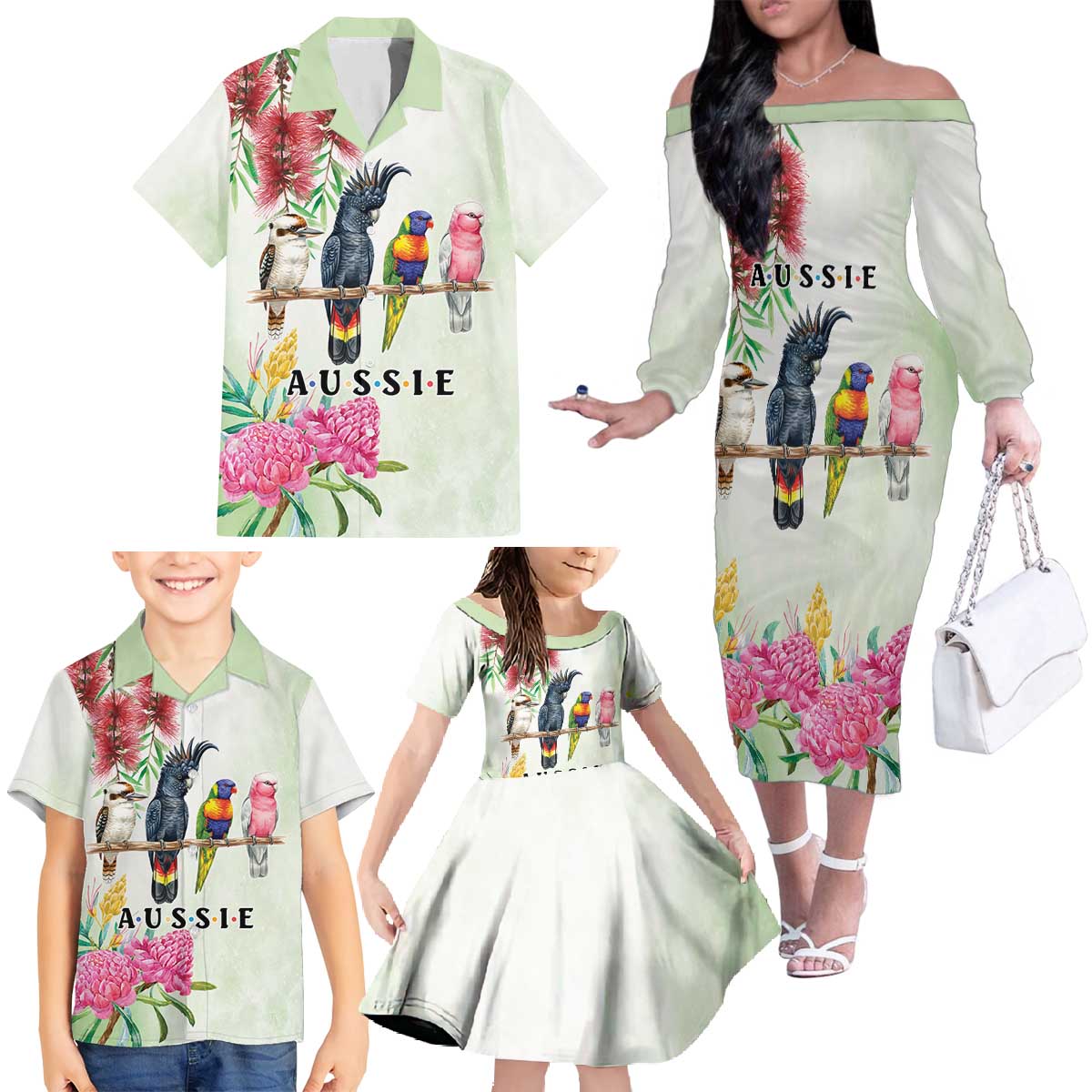 Australian Native Bird Family Matching Off The Shoulder Long Sleeve Dress and Hawaiian Shirt Kookaburra Cockatoo Rainbow Lorikeet Galah Flowers - Aussie Hoodie