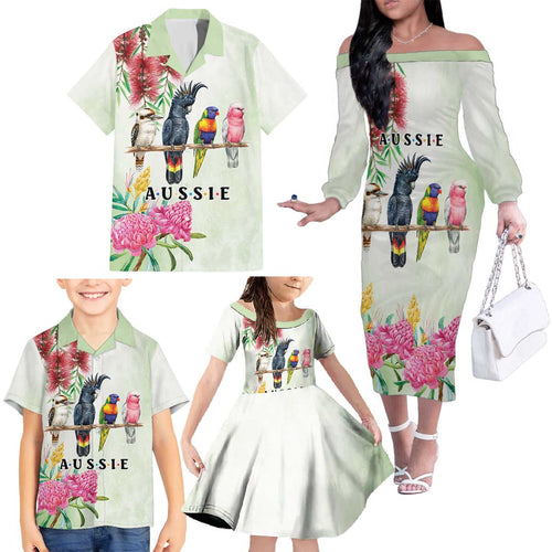 Australian Native Bird Family Matching Off The Shoulder Long Sleeve Dress and Hawaiian Shirt Kookaburra Cockatoo Rainbow Lorikeet Galah Flowers - Aussie Hoodie