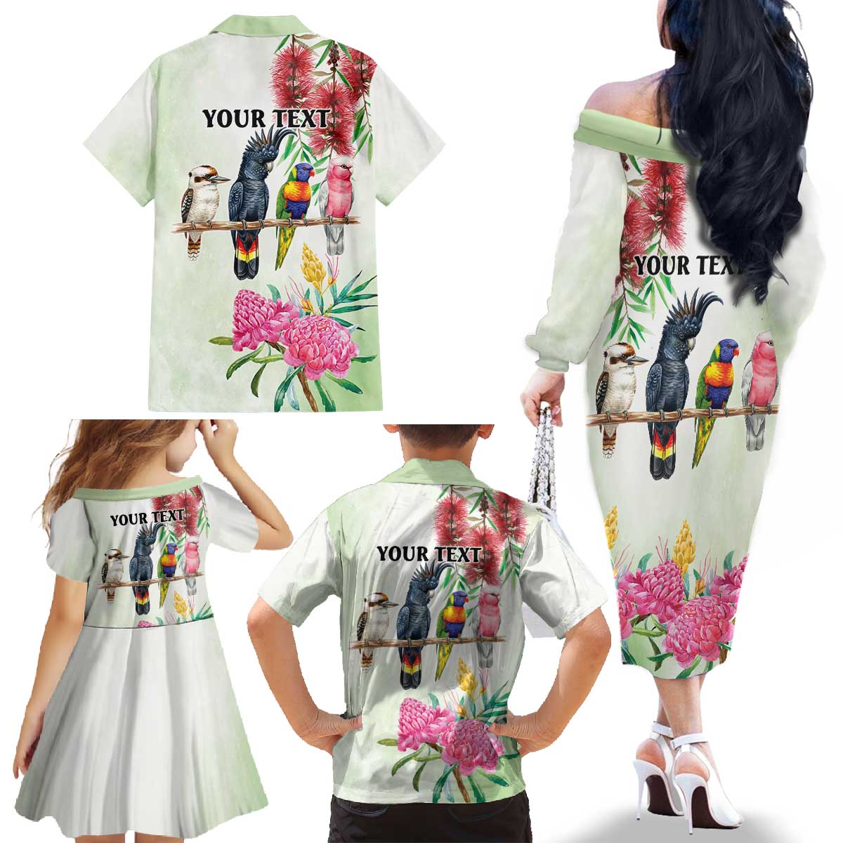 Australian Native Bird Family Matching Off The Shoulder Long Sleeve Dress and Hawaiian Shirt Kookaburra Cockatoo Rainbow Lorikeet Galah Flowers - Aussie Hoodie