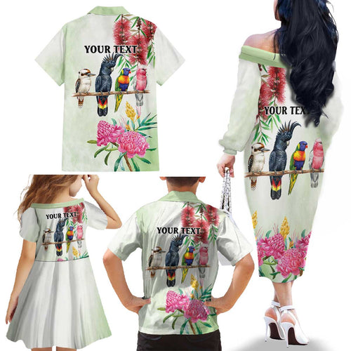 Australian Native Bird Family Matching Off The Shoulder Long Sleeve Dress and Hawaiian Shirt Kookaburra Cockatoo Rainbow Lorikeet Galah Flowers - Aussie Hoodie
