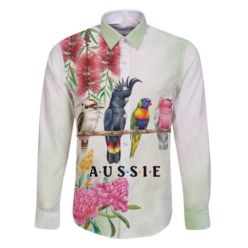 Australian Native Bird Family Matching Off The Shoulder Long Sleeve Dress and Hawaiian Shirt Kookaburra Cockatoo Rainbow Lorikeet Galah Flowers - Aussie Hoodie