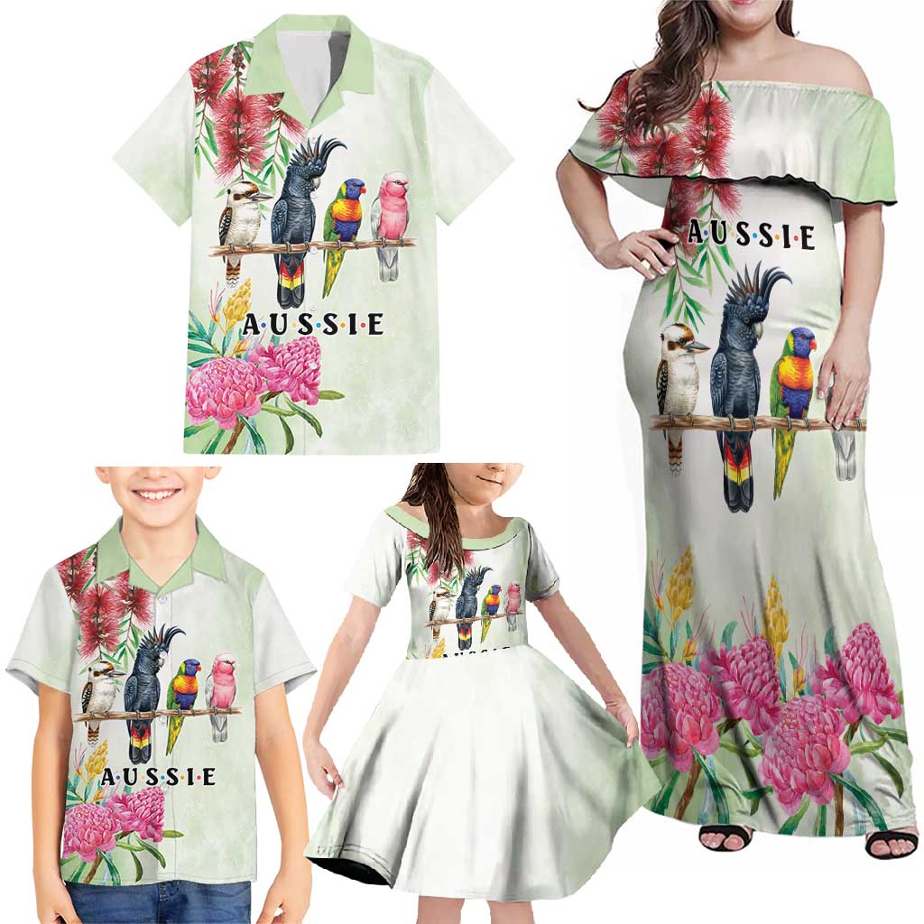 Australian Native Bird Family Matching Off Shoulder Maxi Dress and Hawaiian Shirt Kookaburra Cockatoo Rainbow Lorikeet Galah Flowers - Aussie Hoodie