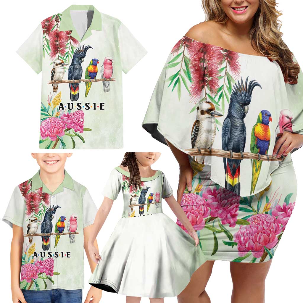 Australian Native Bird Family Matching Off Shoulder Short Dress and Hawaiian Shirt Kookaburra Cockatoo Rainbow Lorikeet Galah Flowers - Aussie Hoodie