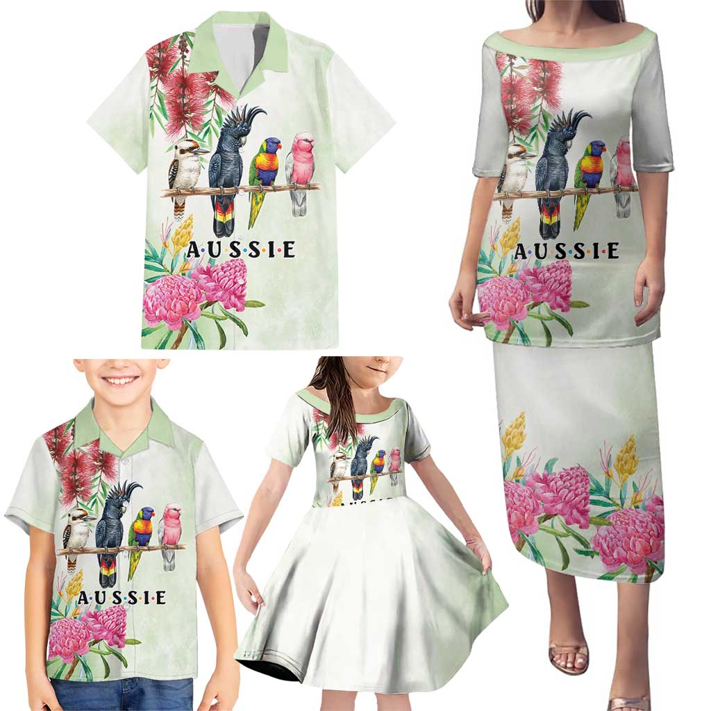 Australian Native Bird Family Matching Puletasi and Hawaiian Shirt Kookaburra Cockatoo Rainbow Lorikeet Galah Flowers - Aussie Hoodie