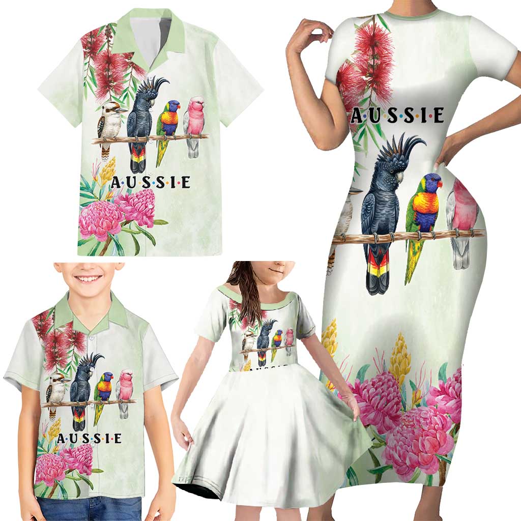 Australian Native Bird Family Matching Short Sleeve Bodycon Dress and Hawaiian Shirt Kookaburra Cockatoo Rainbow Lorikeet Galah Flowers - Aussie Hoodie