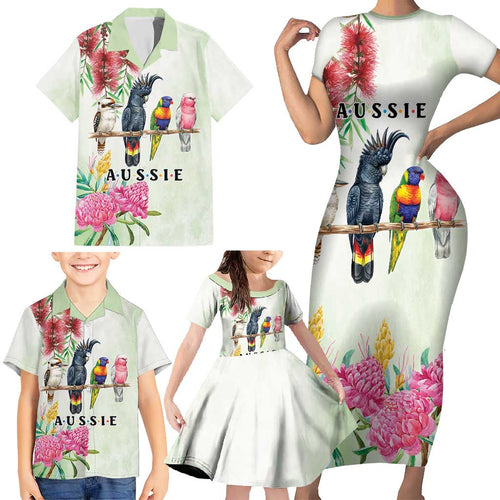 Australian Native Bird Family Matching Short Sleeve Bodycon Dress and Hawaiian Shirt Kookaburra Cockatoo Rainbow Lorikeet Galah Flowers - Aussie Hoodie