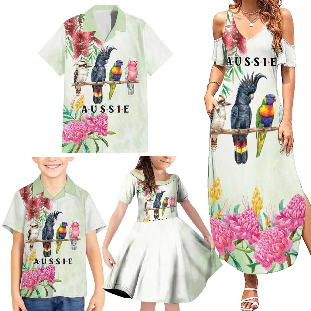 Australian Native Bird Family Matching Summer Maxi Dress and Hawaiian Shirt Kookaburra Cockatoo Rainbow Lorikeet Galah Flowers - Aussie Hoodie