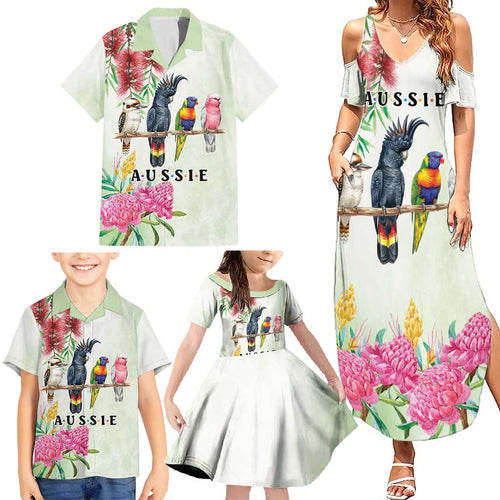 Australian Native Bird Family Matching Summer Maxi Dress and Hawaiian Shirt Kookaburra Cockatoo Rainbow Lorikeet Galah Flowers - Aussie Hoodie