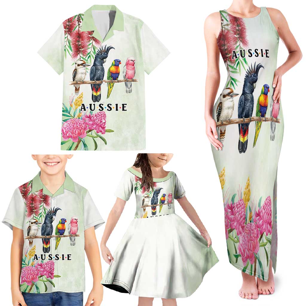 Australian Native Bird Family Matching Tank Maxi Dress and Hawaiian Shirt Kookaburra Cockatoo Rainbow Lorikeet Galah Flowers - Aussie Hoodie