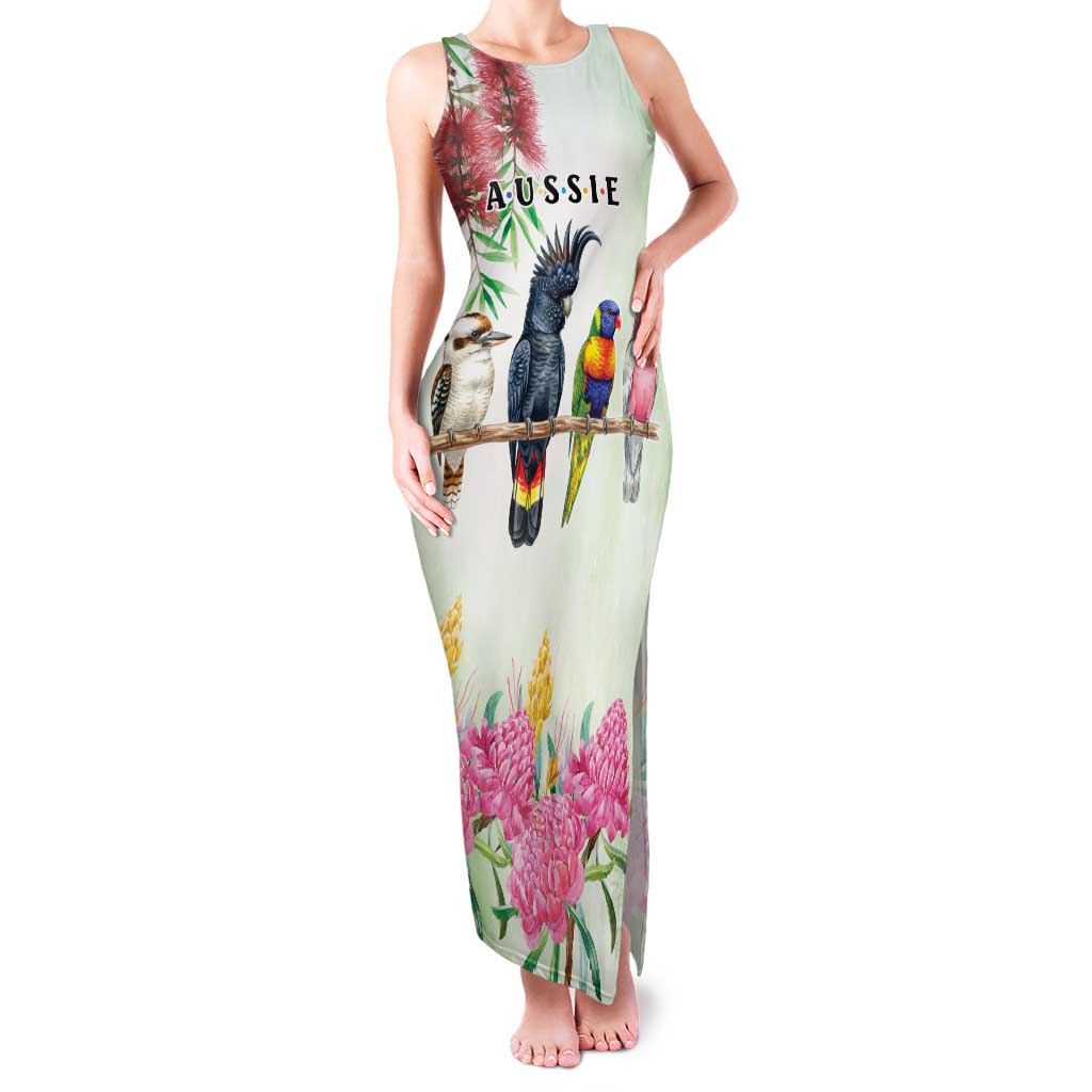 Australian Native Bird Family Matching Tank Maxi Dress and Hawaiian Shirt Kookaburra Cockatoo Rainbow Lorikeet Galah Flowers - Aussie Hoodie