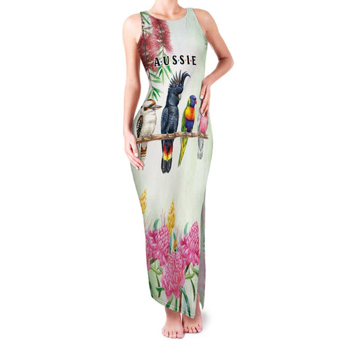 Australian Native Bird Family Matching Tank Maxi Dress and Hawaiian Shirt Kookaburra Cockatoo Rainbow Lorikeet Galah Flowers - Aussie Hoodie