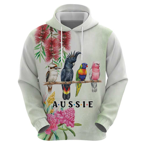 Australian Native Bird Hoodie Kookaburra Cockatoo Rainbow Lorikeet Galah Flowers - Aussie Hoodie