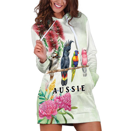 Australian Native Bird Hoodie Dress Kookaburra Cockatoo Rainbow Lorikeet Galah Flowers - Aussie Hoodie