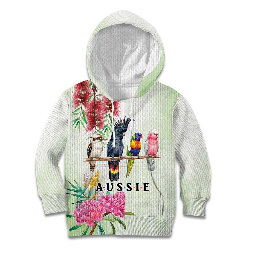 Australian Native Bird Kid Hoodie Kookaburra Cockatoo Rainbow Lorikeet Galah Flowers - Aussie Hoodie
