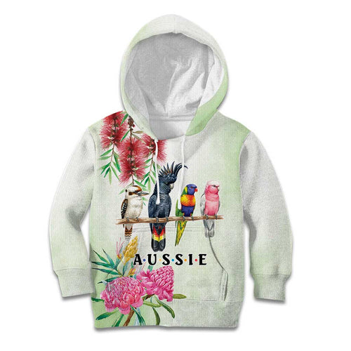 Australian Native Bird Kid Hoodie Kookaburra Cockatoo Rainbow Lorikeet Galah Flowers - Aussie Hoodie