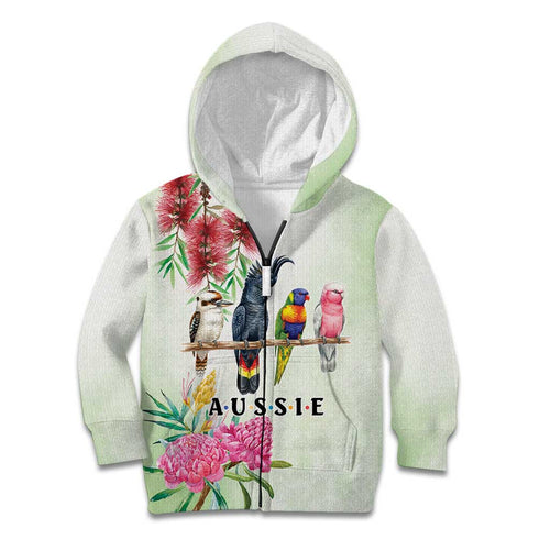 Australian Native Bird Kid Hoodie Kookaburra Cockatoo Rainbow Lorikeet Galah Flowers - Aussie Hoodie