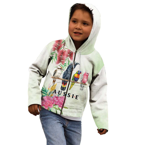 Australian Native Bird Kid Hoodie Kookaburra Cockatoo Rainbow Lorikeet Galah Flowers - Aussie Hoodie
