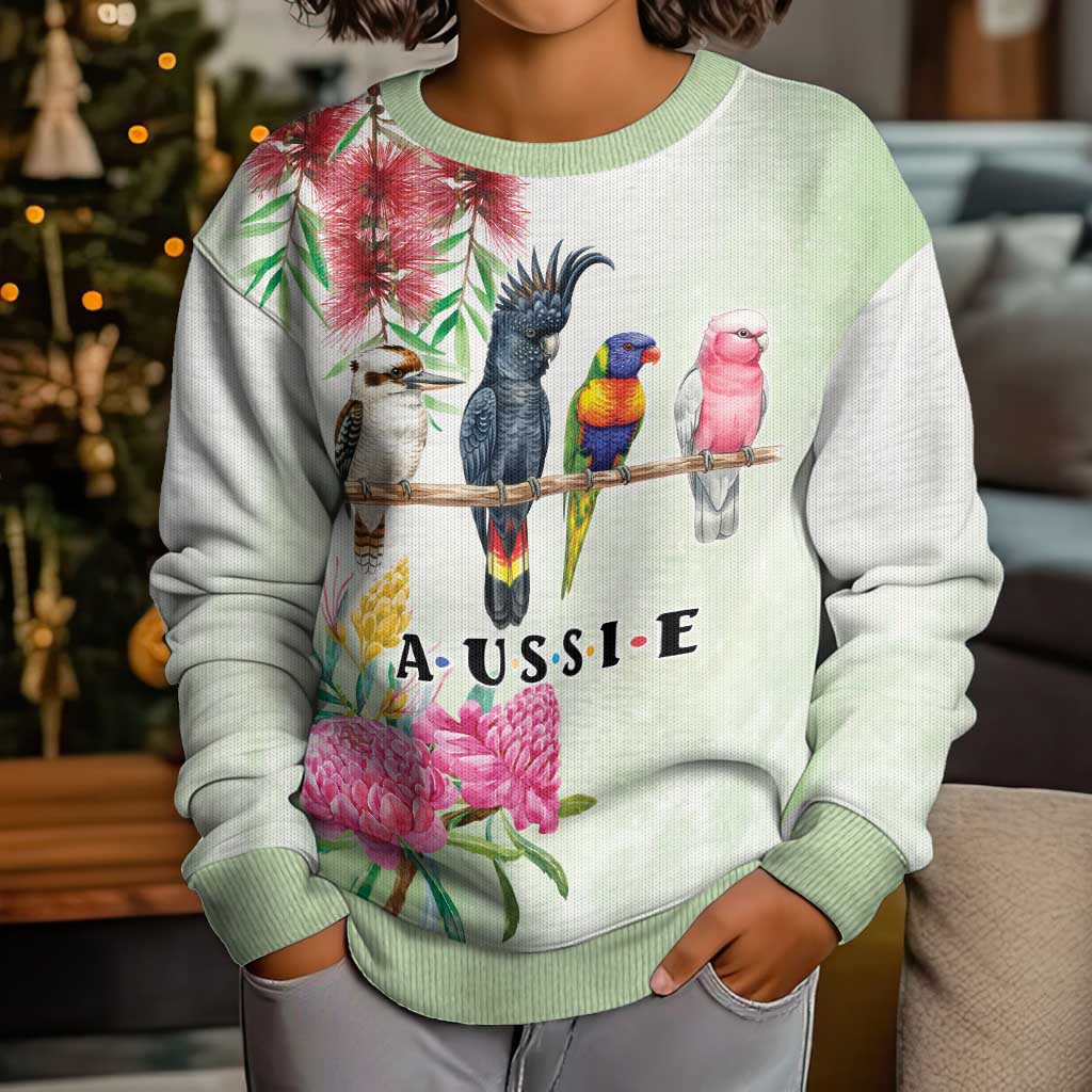 Australian Native Bird Kid Ugly Christmas Sweater Kookaburra Cockatoo Rainbow Lorikeet Galah Flowers - Aussie Hoodie