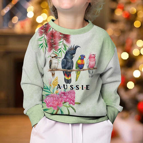 Australian Native Bird Kid Ugly Christmas Sweater Kookaburra Cockatoo Rainbow Lorikeet Galah Flowers - Aussie Hoodie