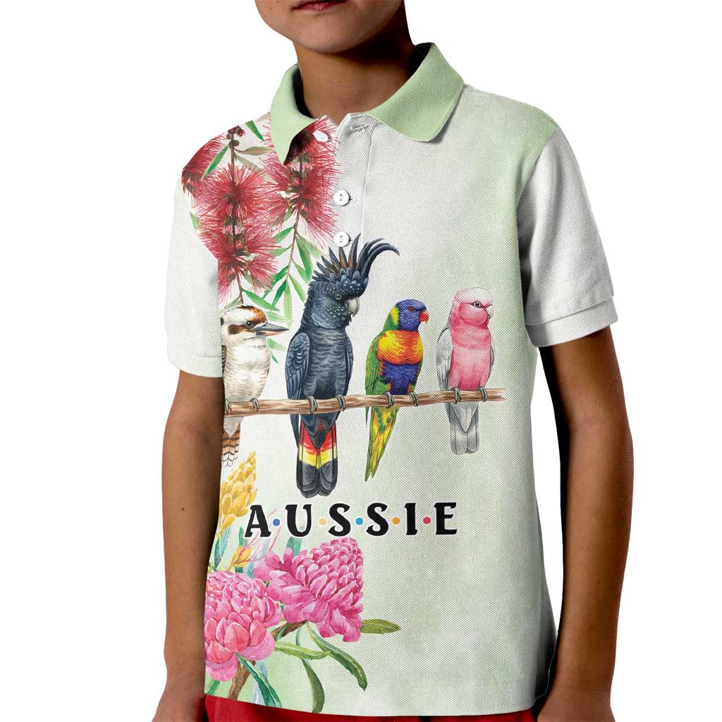 Australian Native Bird Kid Polo Shirt Kookaburra Cockatoo Rainbow Lorikeet Galah Flowers - Aussie Hoodie