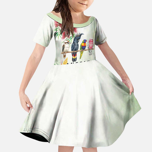 Australian Native Bird Kid Short Sleeve Dress Kookaburra Cockatoo Rainbow Lorikeet Galah Flowers - Aussie Hoodie