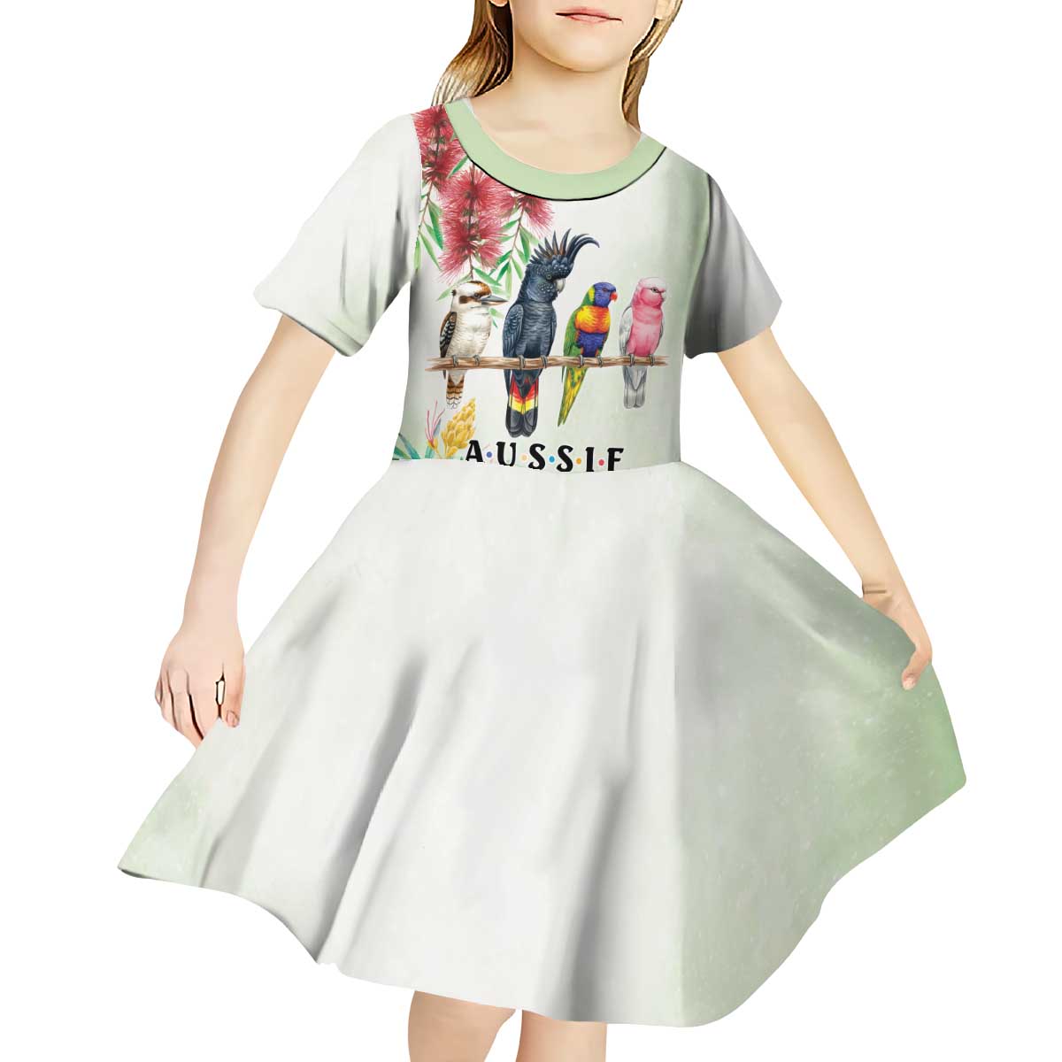 Australian Native Bird Kid Short Sleeve Dress Kookaburra Cockatoo Rainbow Lorikeet Galah Flowers - Aussie Hoodie