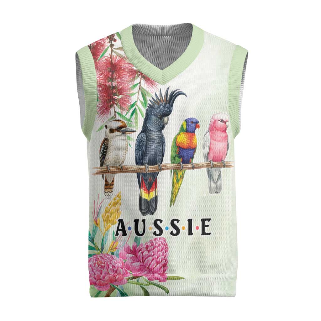 Australian Native Bird Christmas Knitted V-Neck Vest Kookaburra Cockatoo Rainbow Lorikeet Galah Flowers - Aussie Hoodie