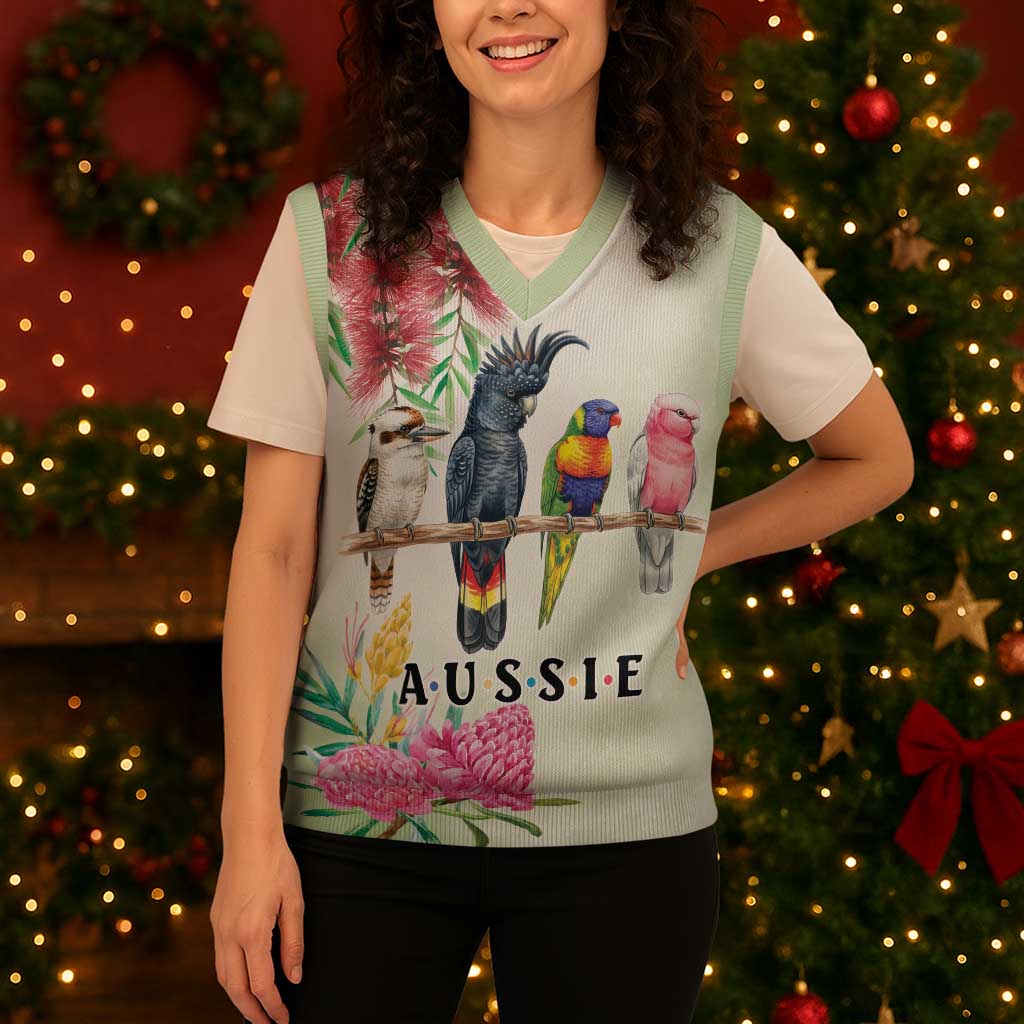 Australian Native Bird Christmas Knitted V-Neck Vest Kookaburra Cockatoo Rainbow Lorikeet Galah Flowers - Aussie Hoodie