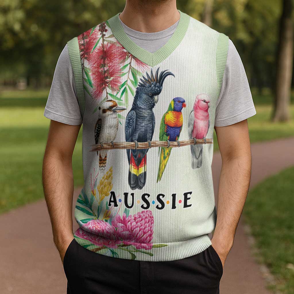 Australian Native Bird Christmas Knitted V-Neck Vest Kookaburra Cockatoo Rainbow Lorikeet Galah Flowers - Aussie Hoodie
