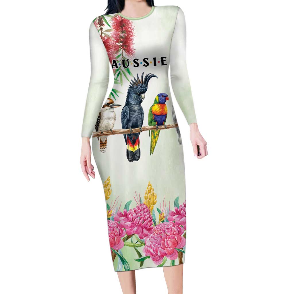 Australian Native Bird Long Sleeve Bodycon Dress Kookaburra Cockatoo Rainbow Lorikeet Galah Flowers - Aussie Hoodie