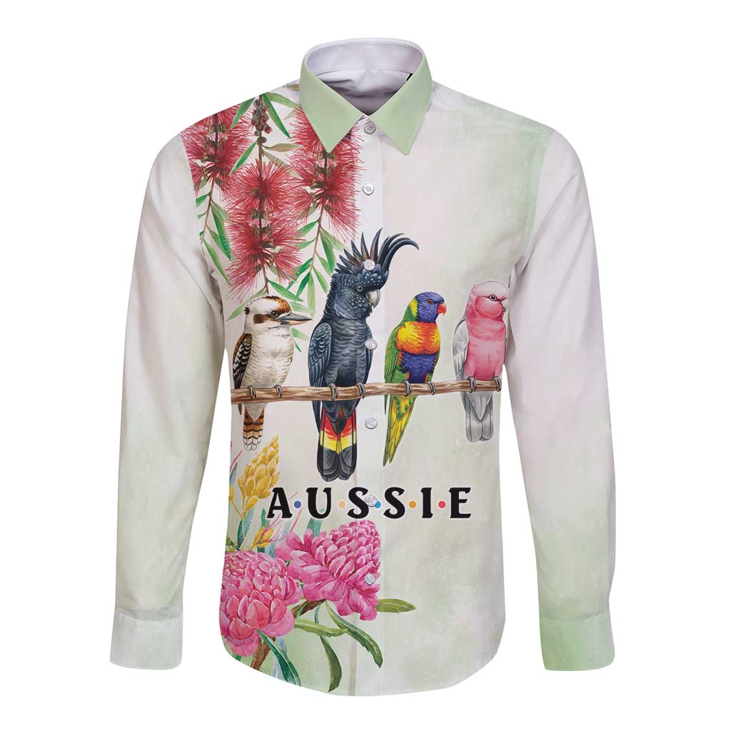 Australian Native Bird Long Sleeve Button Shirt Kookaburra Cockatoo Rainbow Lorikeet Galah Flowers - Aussie Hoodie