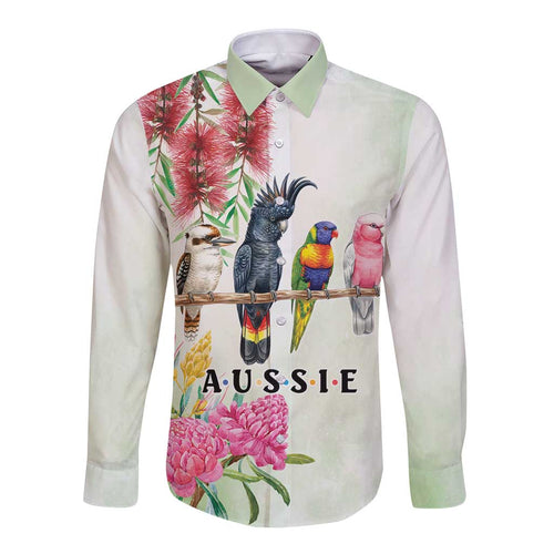Australian Native Bird Long Sleeve Button Shirt Kookaburra Cockatoo Rainbow Lorikeet Galah Flowers - Aussie Hoodie