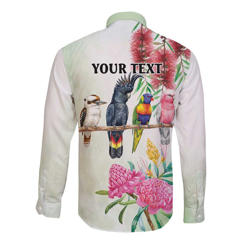 Australian Native Bird Long Sleeve Button Shirt Kookaburra Cockatoo Rainbow Lorikeet Galah Flowers - Aussie Hoodie