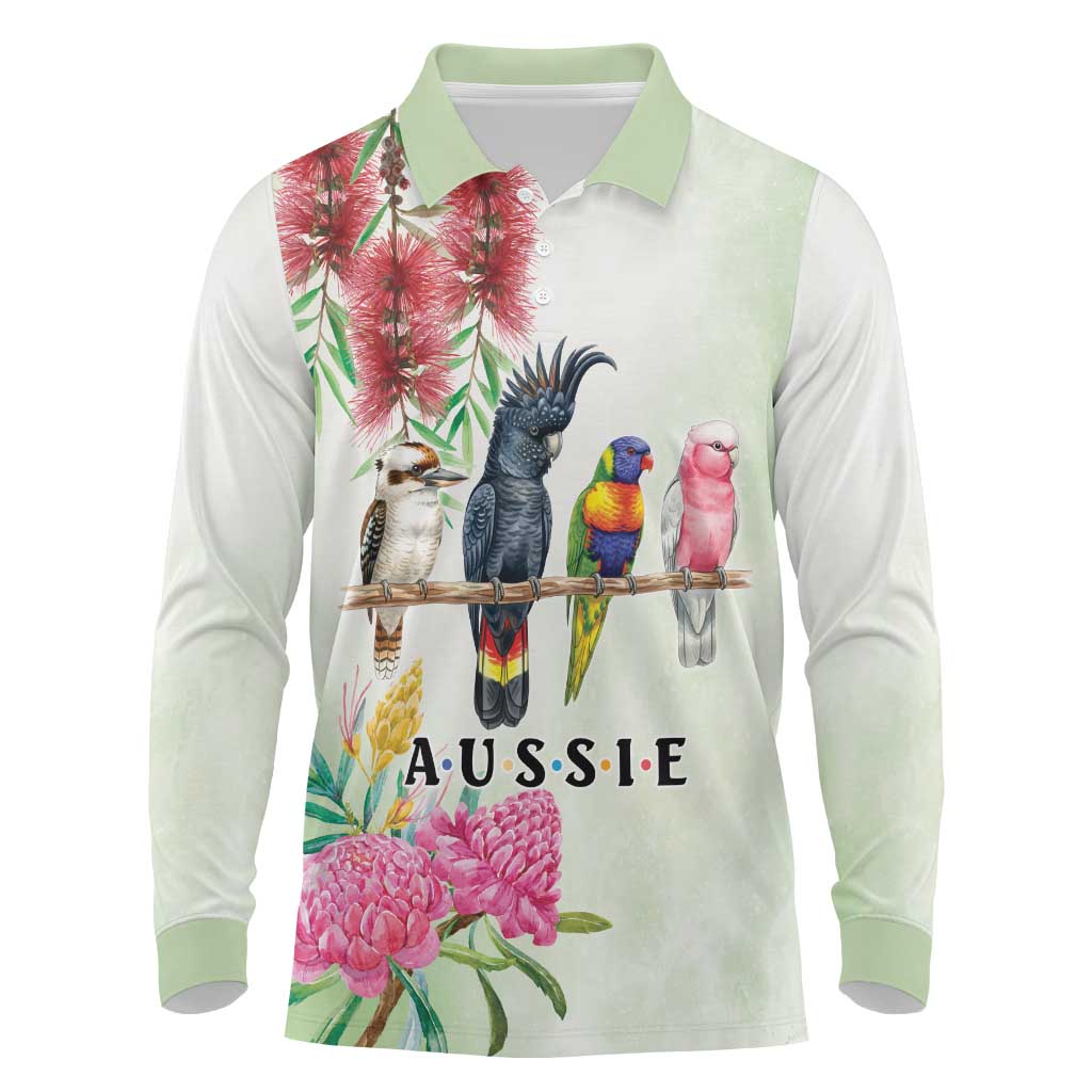 Australian Native Bird Long Sleeve Polo Shirt Kookaburra Cockatoo Rainbow Lorikeet Galah Flowers - Aussie Hoodie