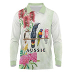 Australian Native Bird Long Sleeve Polo Shirt Kookaburra Cockatoo Rainbow Lorikeet Galah Flowers - Aussie Hoodie
