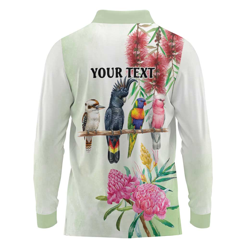 Australian Native Bird Long Sleeve Polo Shirt Kookaburra Cockatoo Rainbow Lorikeet Galah Flowers - Aussie Hoodie
