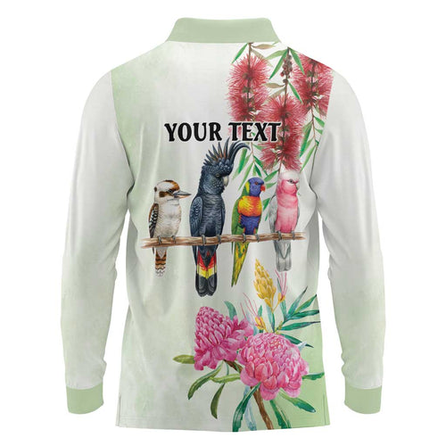 Australian Native Bird Long Sleeve Polo Shirt Kookaburra Cockatoo Rainbow Lorikeet Galah Flowers - Aussie Hoodie