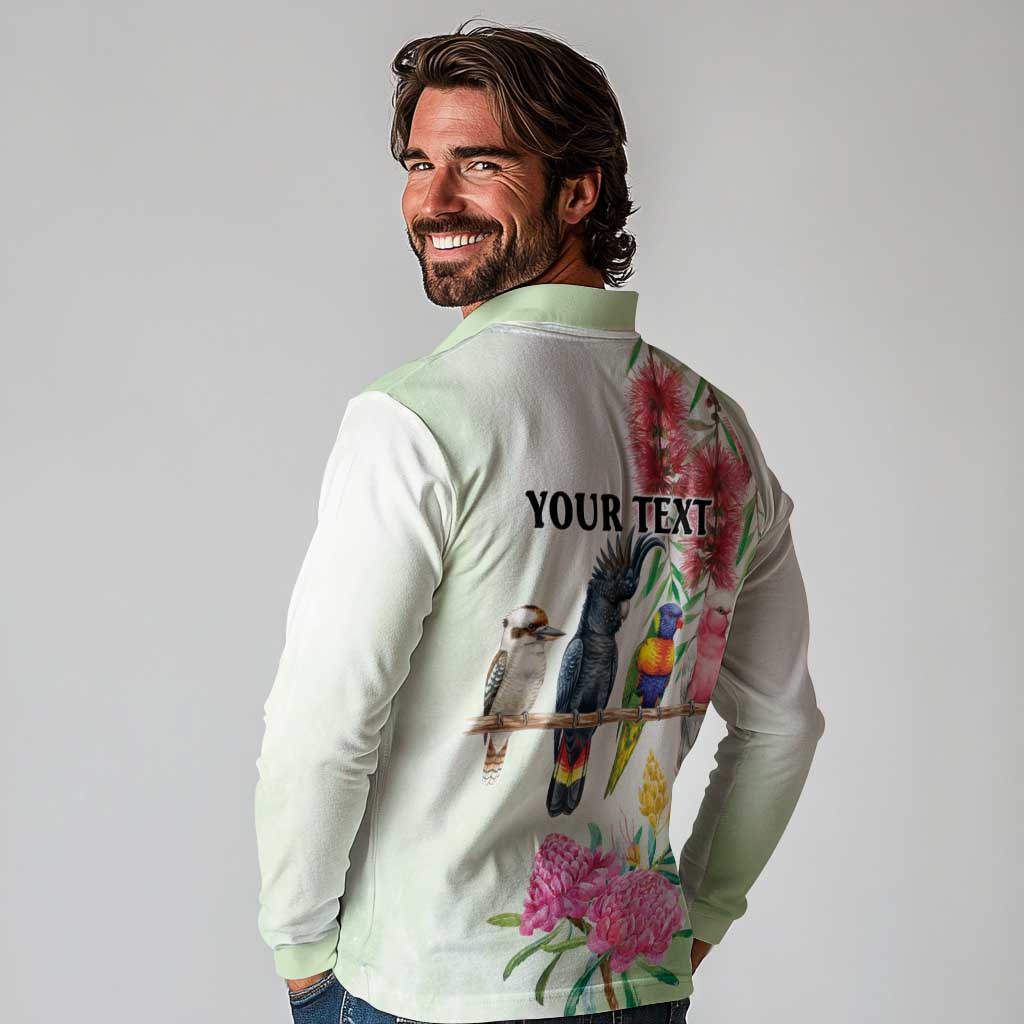 Australian Native Bird Long Sleeve Polo Shirt Kookaburra Cockatoo Rainbow Lorikeet Galah Flowers - Aussie Hoodie