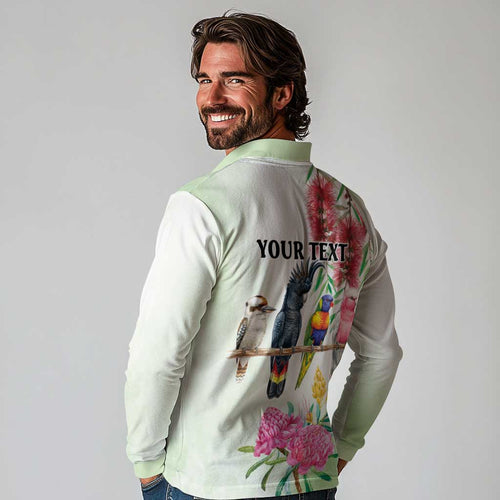 Australian Native Bird Long Sleeve Polo Shirt Kookaburra Cockatoo Rainbow Lorikeet Galah Flowers - Aussie Hoodie