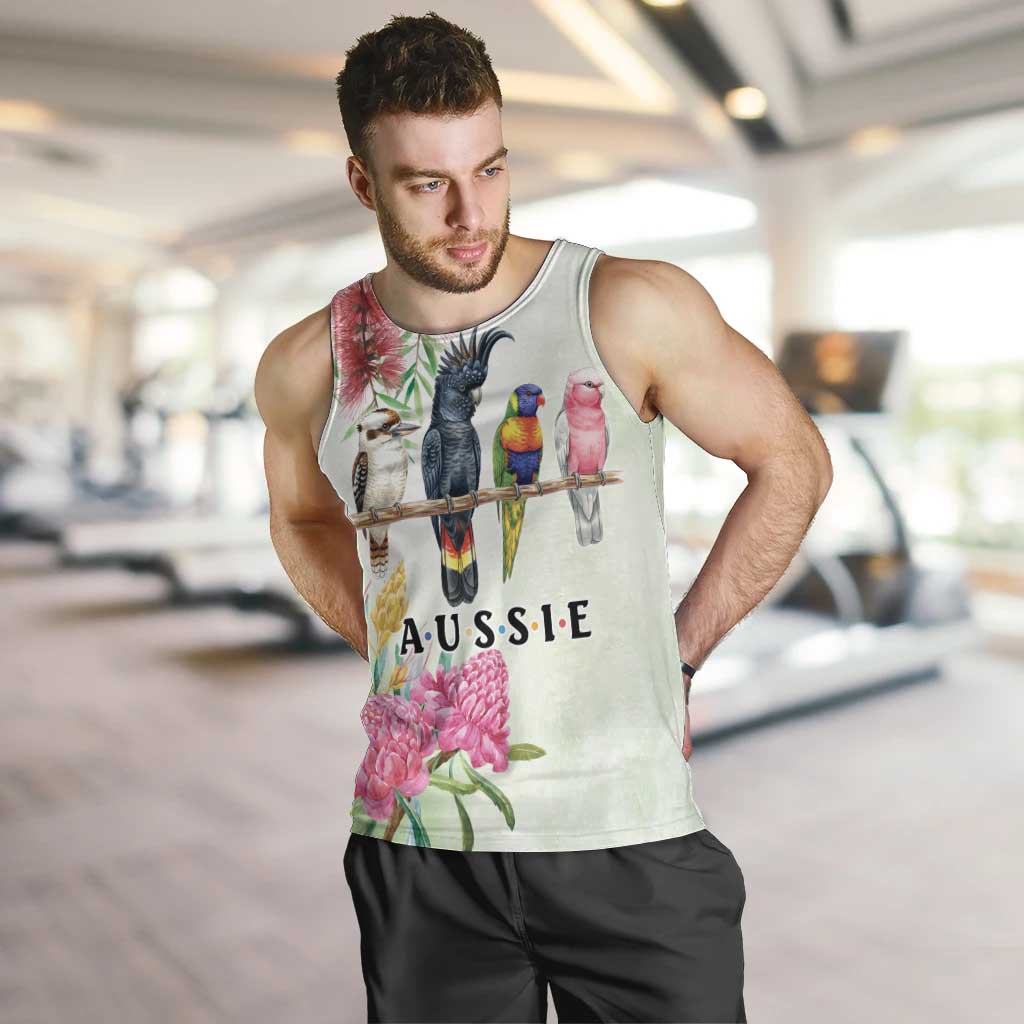 Australian Native Bird Men Tank Top Kookaburra Cockatoo Rainbow Lorikeet Galah Flowers - Aussie Hoodie