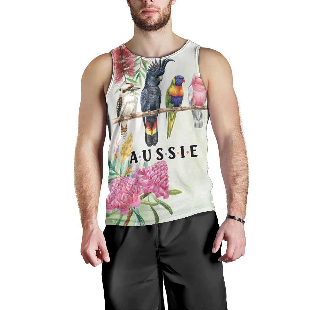 Australian Native Bird Men Tank Top Kookaburra Cockatoo Rainbow Lorikeet Galah Flowers - Aussie Hoodie