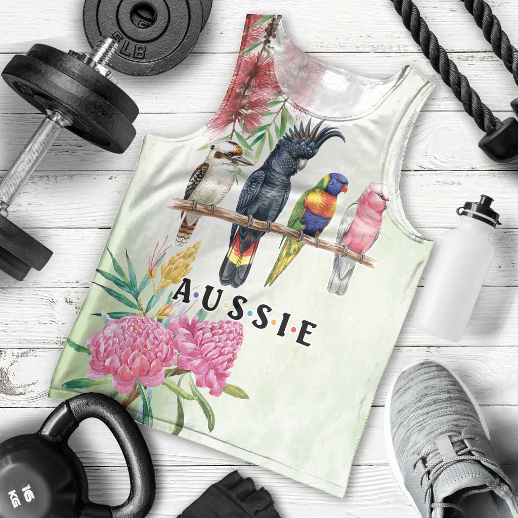 Australian Native Bird Men Tank Top Kookaburra Cockatoo Rainbow Lorikeet Galah Flowers - Aussie Hoodie